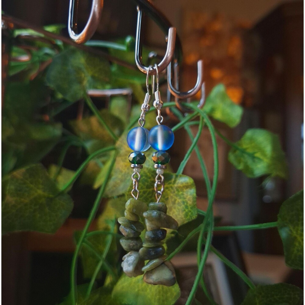 Aqua Blue Glass & Green Serpentine Dangle Earrings - Picture 3 of 13